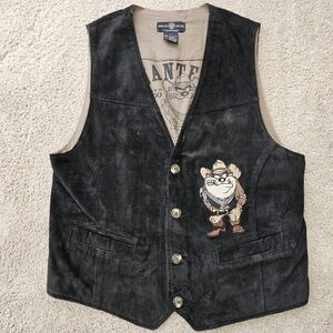 Vintage 90's Warner Bros. Black 100% Leather Taz Button Vest rare sz M